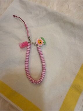 Cell phone charm Pink Beaded Phone Charm with Flower and Crown Charms